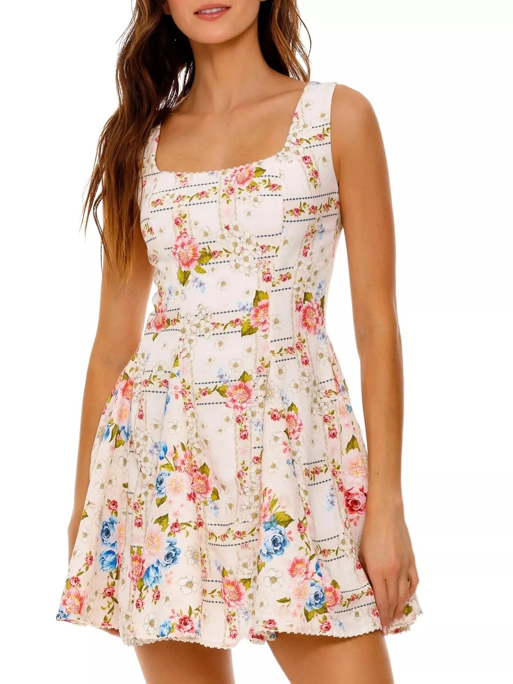 Agua Bendita White Floral Square-Neck Mini Dress